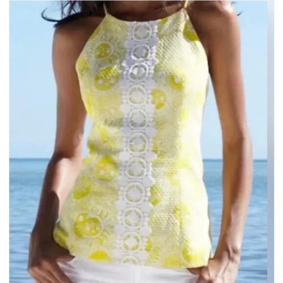 Lilly Pulitzer Rare Annabelle Halter Top Cotton Yellow White Embroidered 44 - Picture 1 of 6